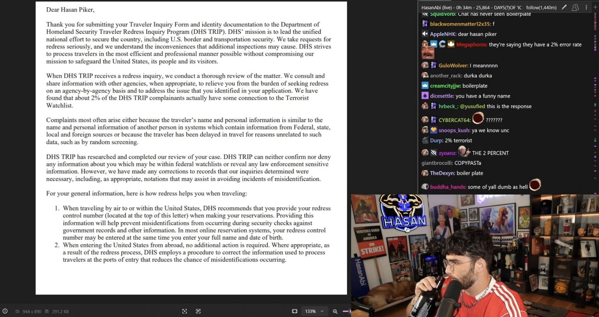 The Twitch streamer reveals the email he received from the Department of Homeland Security (Image via HasanAbi/Twitch)